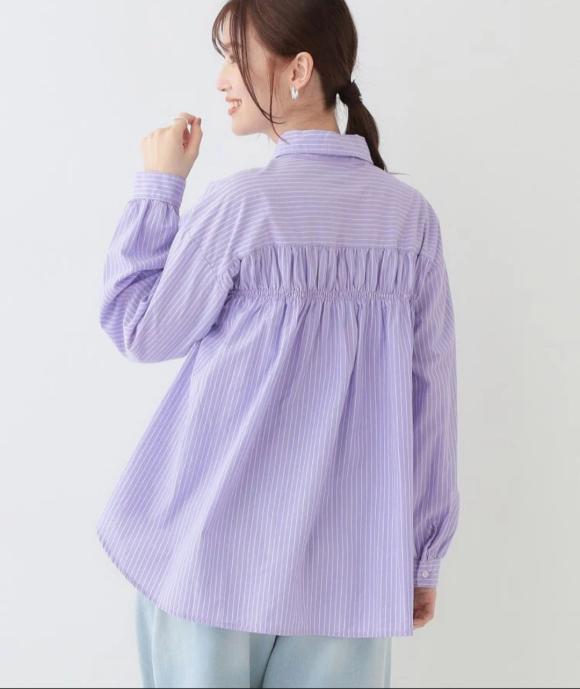 【洗える】バックギャザーがポイント 綿ワッシャー前開きシャツ