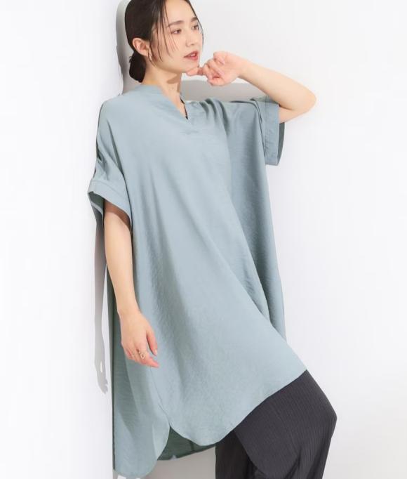 【S-LL/ひんやり】涼しく楽に体型カバー ゆったりスキッパー半袖チュニック